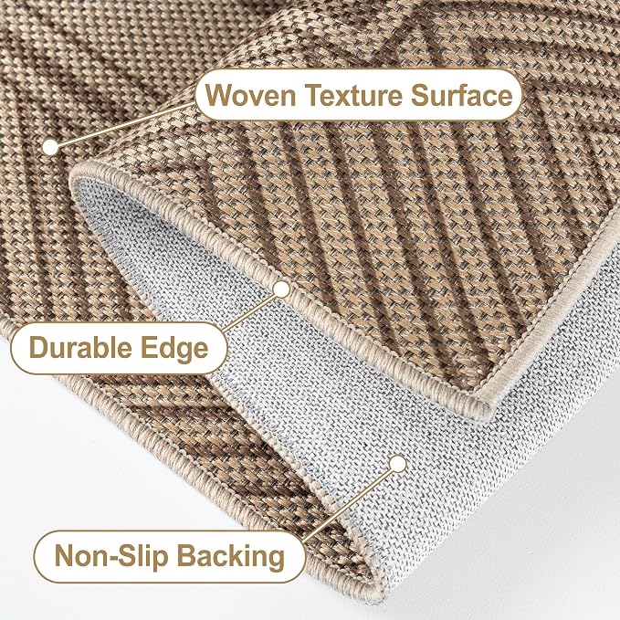 Capslpad Faux Jute 3x5 Area Rug, Geometry Line Patio Rug, Washable Front Porch Rug, Farmhouse Non-Slip Entryway Rugs for Indoor Outdoor, Brown