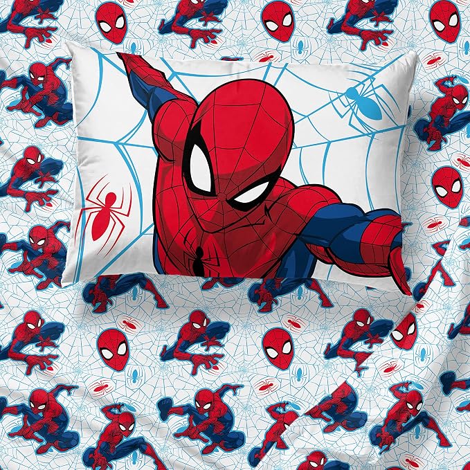 Marvel Spiderman Twin Comforter Set 5 Piece Kids Bedding for Boys, Blue | Bed in a Bag, Comforter Sheets Sham Pillowcase, Official Brand, Soft Microfiber, Machine Washable, Easy Care, Boys Gift