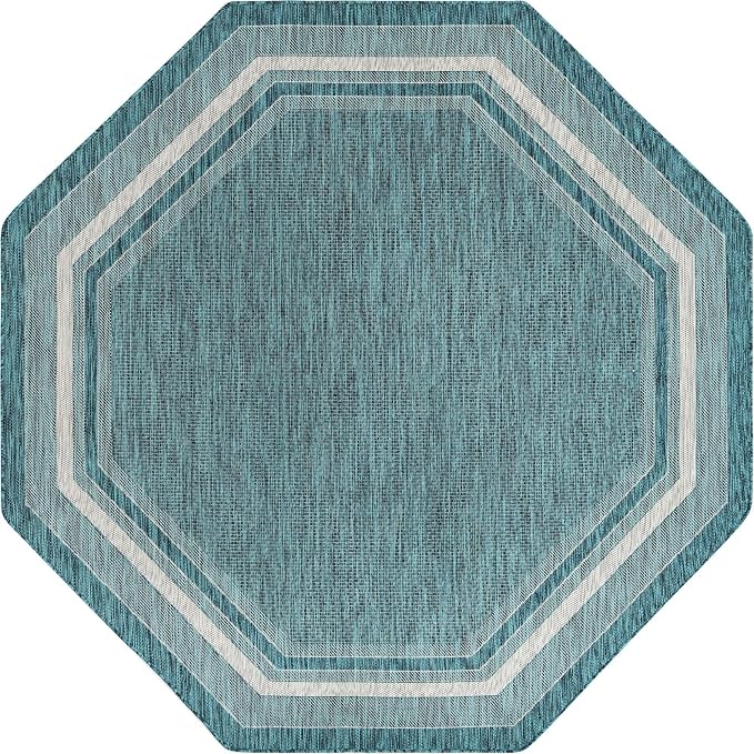 Unique Loom Outdoor Border Collection Area Rug - Soft Border (7' 10" Octagon, Teal/ Ivory)
