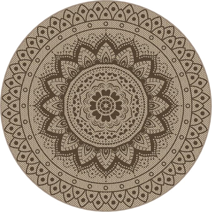 Faux Jute Outdoor Round Rug, 5ft Washable Indoor Outdoor Patio Rug, Brown Non Slip Round Area Rug Farmhouse, Boho Carpet for Backyard Patio