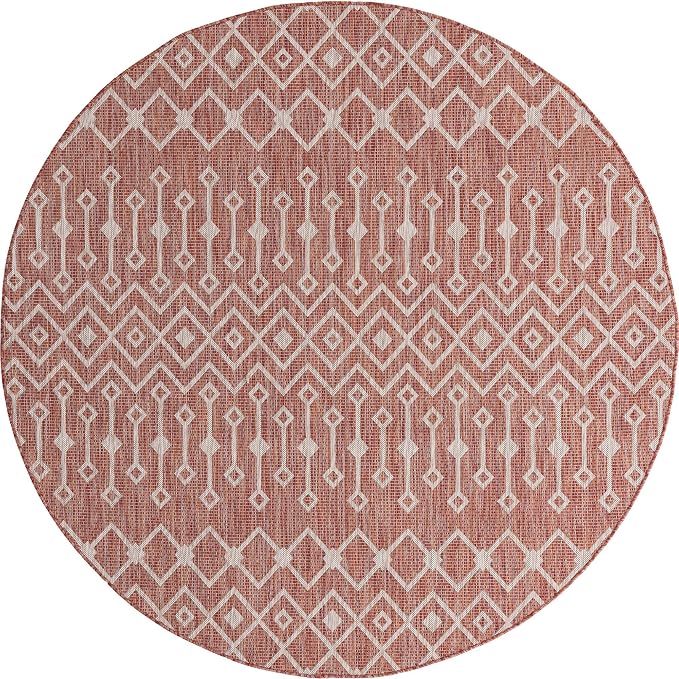Unique Loom Outdoor Trellis Collection Area Rug - Tribal Trellis (7' 10" Round, Rust Red/ Ivory)