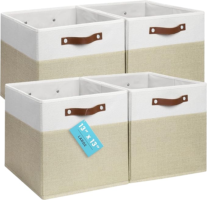 OrganiHaus 13x13 Cube Storage Bins, Set of 4 - Fabric Storage Cubes | Sturdy, holds its shape; odor-free; fits IKEA Kallax and Expedit; vegan leather handles
