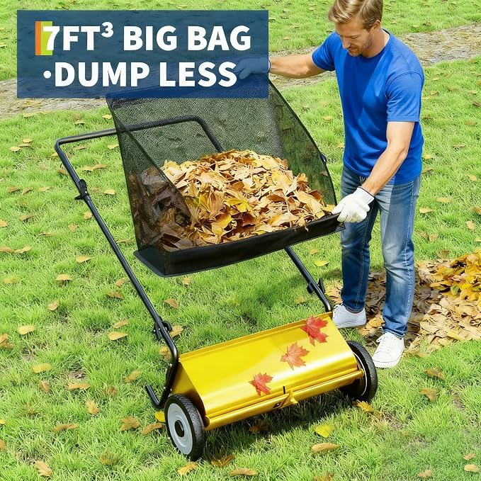 Push Lawn Sweeper 26 Inch, Extra-Wide 4-Brush System, 7 Cu.ft Mesh Hopper, Heavy Duty Steel Frame, Height-Adjustable Yard Sweeper for Leaves, Grass & Artificial Turf, Leaf Collector