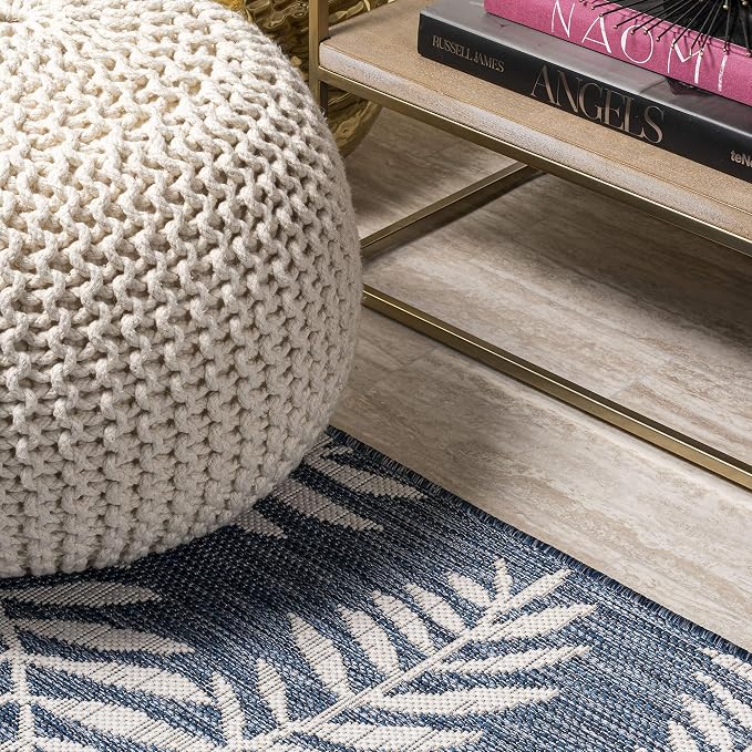 JONATHAN Y Palm Frond Indoor Outdoor Square Area Rug 5X5 Navy/Ivory, Nevis for Backyard, Patio, Porch, Easy-Cleaning, High Traffic, Pet-Friendly, Non-Shedding (SMB119B-5SQ)