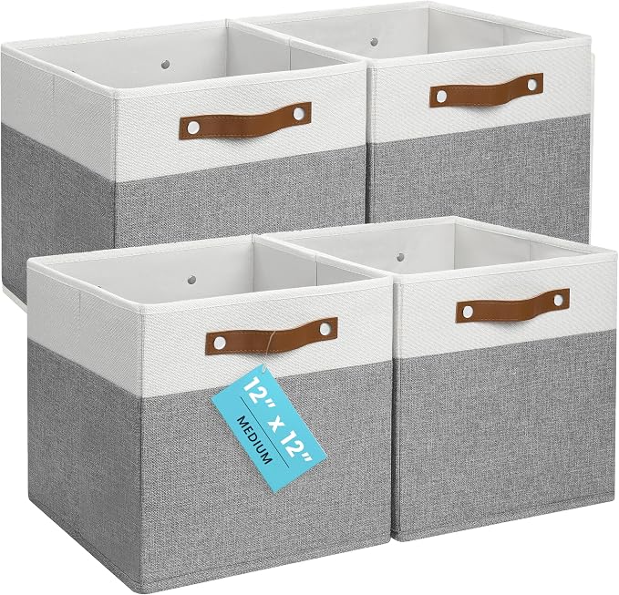 OrganiHaus 12x12 Cube Storage Bins, Set of 4 - Fabric Storage Cubes | Sturdy, holds its shape; odor-free; fits 12-inch cube shelves; vegan leather handles