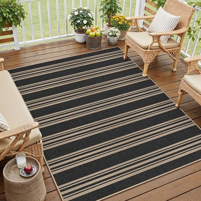 PureCozy Striped Easy Jute Rug 4x6 Black Entryway Carpet Washable Non Slip Office Door Mat Farmhouse Neutral Non Shedding Small Indoor Outdoor Rug for Bathroom Kitchen Bedroom Living Room