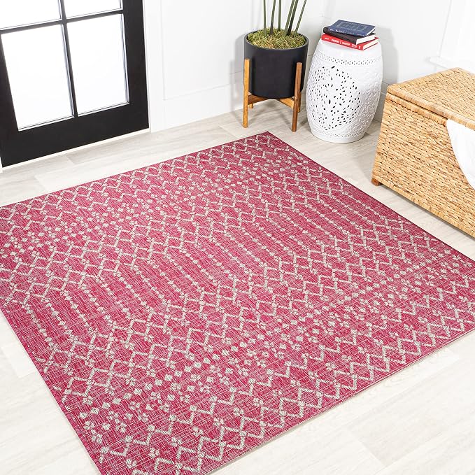 JONATHAN Y Moroccan Geometric Indoor Outdoor Square Area Rug 5X5 Fuchsia/Light Gray, Ourika Textured Weave for Backyard, Patio, Porch, Easy-Cleaning, Pet-Friendly, Non-Shedding (SMB108Q-5SQ)
