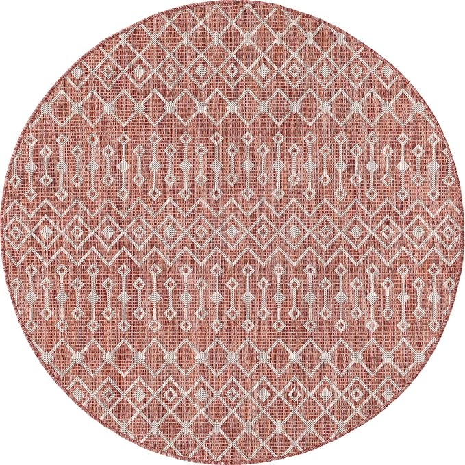 Unique Loom Outdoor Trellis Collection Area Rug - Tribal Trellis (5' 3" Round, Rust Red/ Ivory)