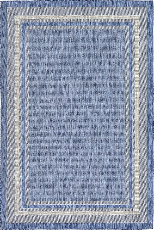 Unique Loom Outdoor Border Collection Area Rug - Soft Border (6' 1" x 9' Rectangle, Blue/ Ivory)
