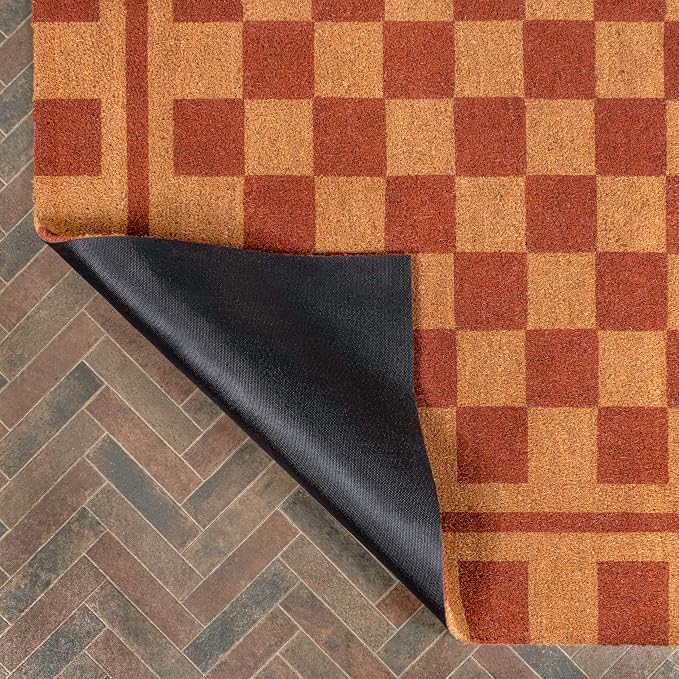 JONATHAN Y Checkerboard Coir Indoor Outdoor Doormat 4X6 Natural/Red, Harper Classic Farmhouse for Living Room, Bedroom, Kitchen, Easy-Cleaning, High Traffic, Pet-Friendly, Non-Shedding NRF109A-4