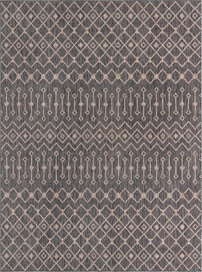 Unique Loom Outdoor Trellis Collection Area Rug - Tribal Trellis (10' x 13' 1" Rectangle, Charcoal Gray/ Natural)