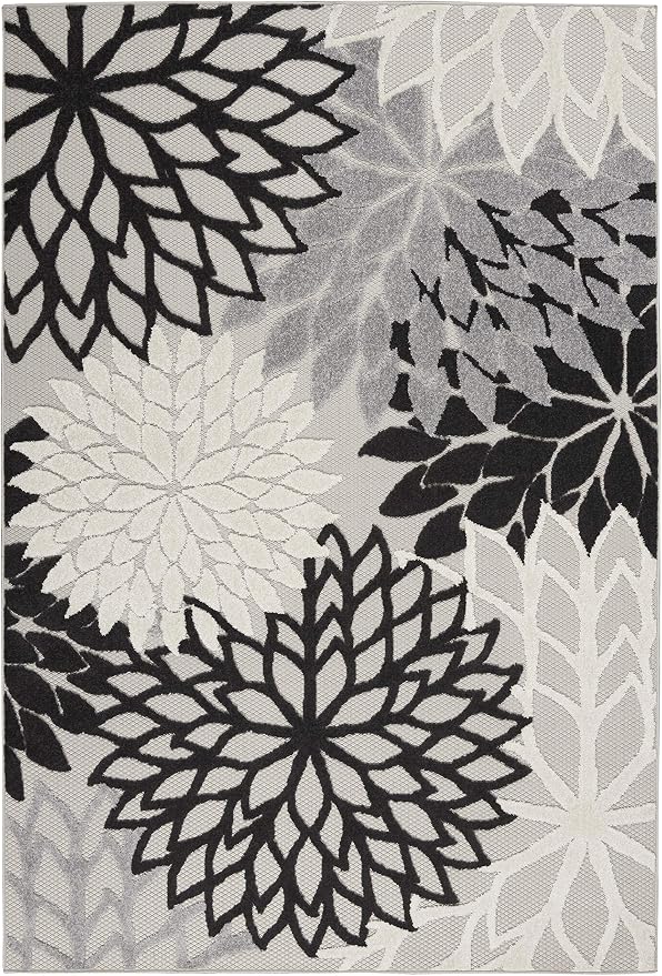 Nourison Home Aloha Indoor/Outdoor Black White 5'3" x 7'5" Area Rug, Tropical, Botanical, Easy Cleaning, Non Shedding, Bed Room, Living Room, Dining Room, Deck, Backyard, Patio (5x7)