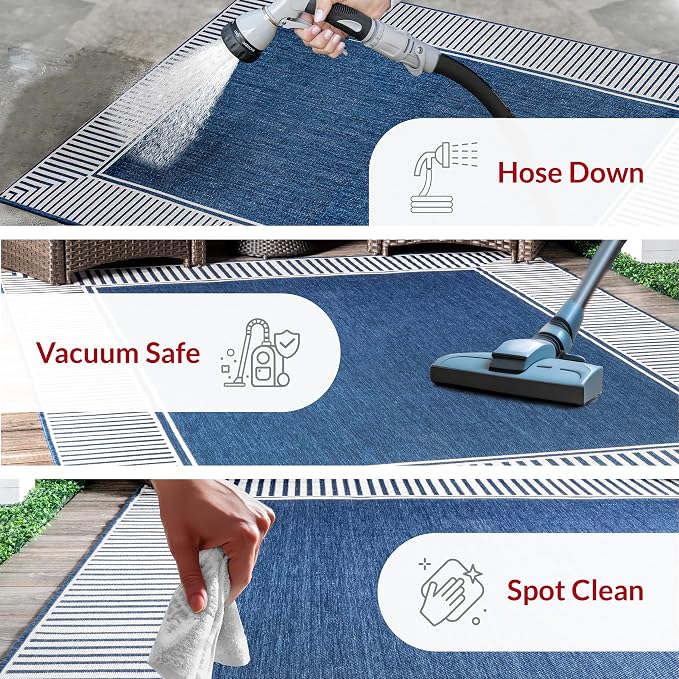 Nuloom Asha Navy/Ivory, 9'6" x 12', Casual, Striped Border, Soft and Cozy, High Traffic, Easy Clean, Durable Area Rug for Indoor/Outdoor Patio, Deck, Porch, Garden, Courtyard