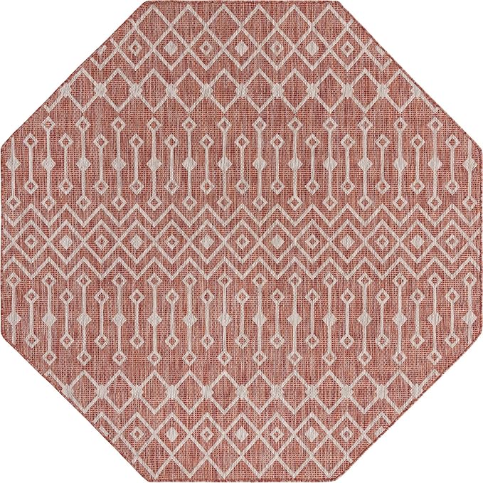 Unique Loom Outdoor Trellis Collection Area Rug - Tribal Trellis (7' 10" Octagon, Rust Red/ Ivory)