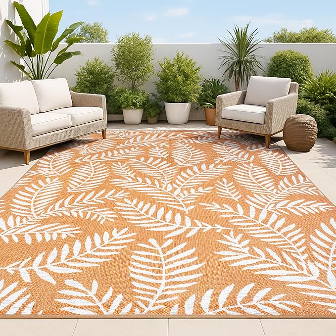 JONATHAN Y Palm Frond Indoor Outdoor Area Rug 5X8 Orange/Cream, Nevis for Backyard, Patio, Porch, Easy-Cleaning, High Traffic, Pet-Friendly, Non-Shedding (SMB119E-5)