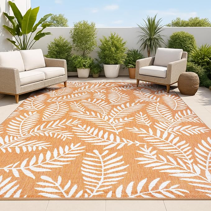 JONATHAN Y Palm Frond Indoor Outdoor Area Rug 8X10 Orange/Cream, Nevis for Backyard, Patio, Porch, Easy-Cleaning, High Traffic, Pet-Friendly, Non-Shedding (SMB119E-8)
