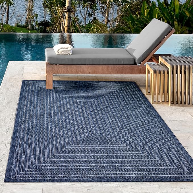 Adiva Rugs Outdoor Indoor Area Rug, Weather Resistant, Easy to Clean, Stain Resistant Floor Mat for Dining Room, Backyard, Deck, Patio (Navy Weiss, 10' x 14')