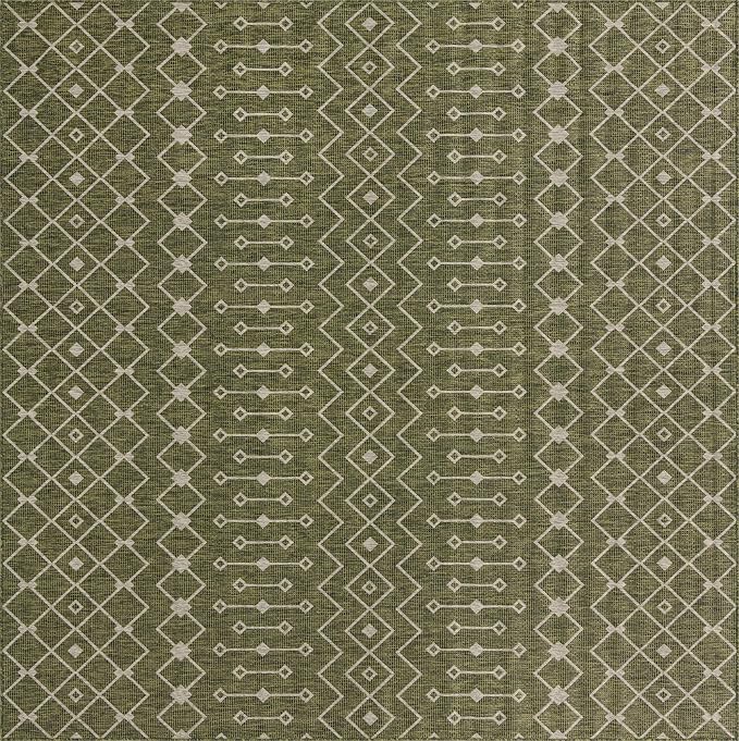 Unique Loom Outdoor Trellis Collection Area Rug - Tribal Trellis (10' 8" Square, Green/ Natural)