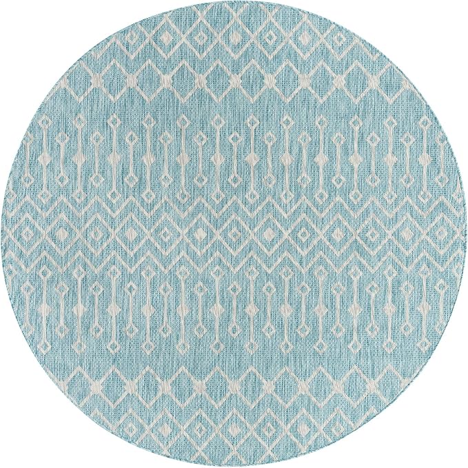 Unique Loom Outdoor Trellis Collection Area Rug - Tribal Trellis (7' 10" Round, Aqua/ Ivory)