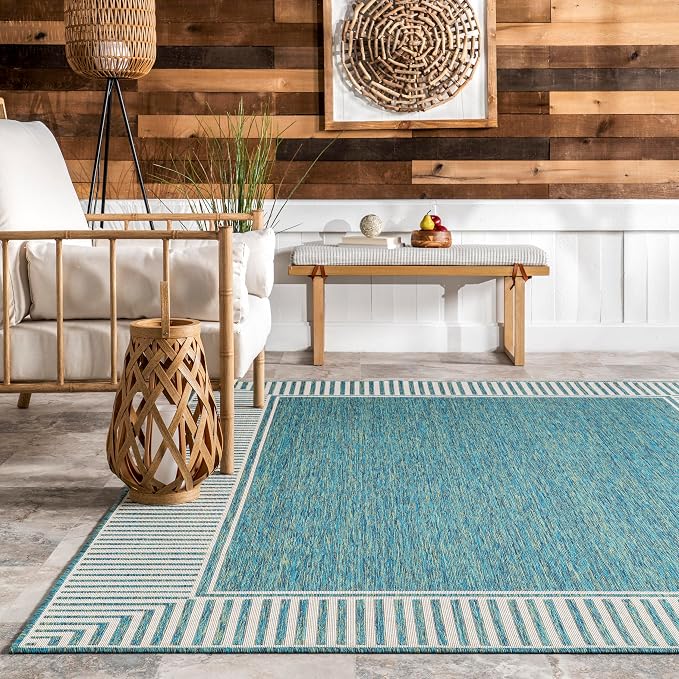 Nuloom Asha Teal/Ivory, 5' x 8', Casual, Striped Border, Soft and Cozy, High Traffic, Easy Clean, Durable Area Rug for Indoor/Outdoor Patio, Deck, Porch, Garden, Courtyard