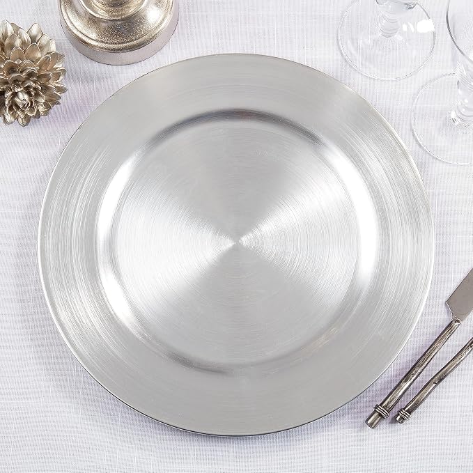 SARO LIFESTYLE Decorative Charger Plates, 13” Round Plastic Charger Plates, Set of 4 – Elegant Table Décor for Events, Weddings & Home Dining, Silver