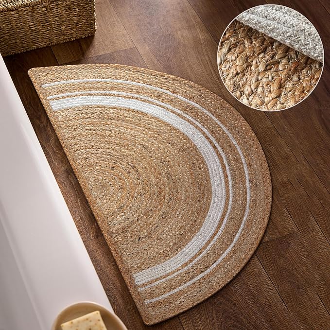 Boho Braided 1.5x3 Area Rug - Jute Natural Fiber Half Round Rug for Living Room Entryway, Farmhouse, Home, Indoor Rugs Jute Door mat for Bathroom, Kitchen (White Natural, 1.5 X 3 ft)