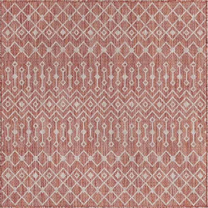 Unique Loom Outdoor Trellis Collection Area Rug - Tribal Trellis (5' 3" Square, Rust Red/ Ivory)