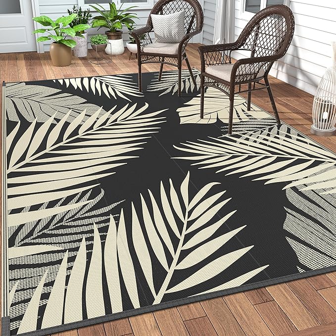 GENIMO Outdoor Rug 5' x 8' Waterproof for Patios Clearance, Reversible Outdoor Plastic Straw Camping Rug Carpet, Large Area Rugs Mats for RV, Picnic, Backyard, Deck, Balcony, Porch, Beach, Black&Beige | Outside Larger Leaf Carpet Mat for Porch Decor, D...