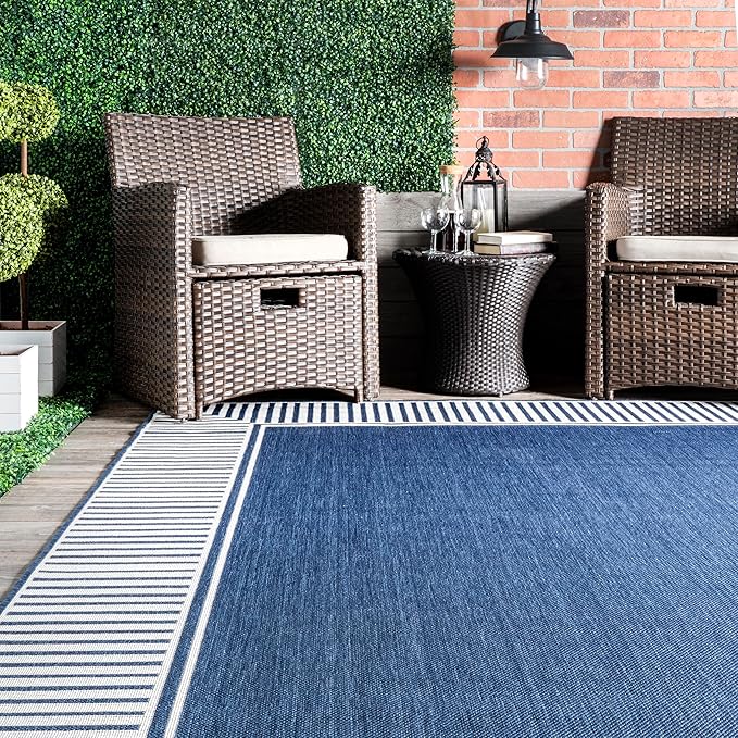Nuloom Asha Navy/Ivory, 8' Round, Casual, Striped Border, Soft and Cozy, High Traffic, Easy Clean, Durable Area Rug for Indoor/Outdoor Patio, Deck, Porch, Garden, Courtyard