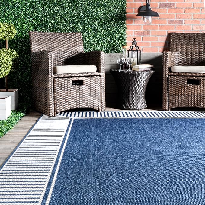 Nuloom Asha Navy/Ivory, 8' Square, Casual, Striped Border, Soft and Cozy, High Traffic, Easy Clean, Durable Area Rug for Indoor/Outdoor Patio, Deck, Porch, Garden, Courtyard