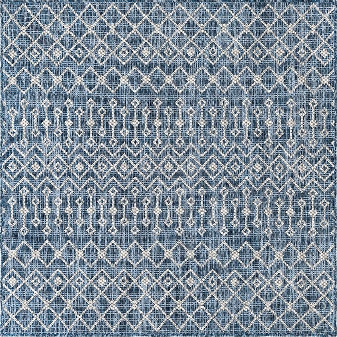Unique Loom Outdoor Trellis Collection Area Rug - Tribal Trellis (5' 1" Square, Blue/ Ivory)