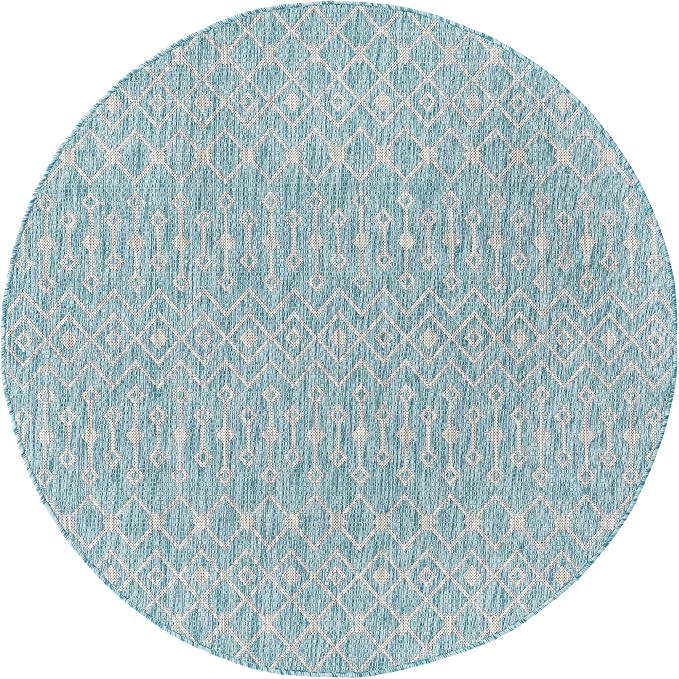 Unique Loom Outdoor Trellis Collection Area Rug - Tribal Trellis (5' 3" Round, Aqua/ Ivory)