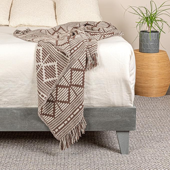 Bloomingville Soft Recycled Cotton Blend Throw with Diamond Pattern, Brown and Beige