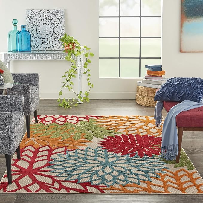 Nourison Home Aloha Indoor/Outdoor Green 5'3" x 7'5" Area Rug, Tropical, Botanical, Easy Clean, Non Shedding, Bed Room, Living Room, Dining Room, Deck, Backyard, Patio (5x7)
