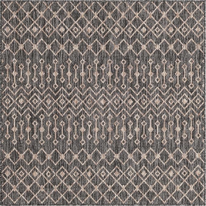 Unique Loom Outdoor Trellis Collection Area Rug - Tribal Trellis (5' 3" Square, Charcoal Gray/ Natural)