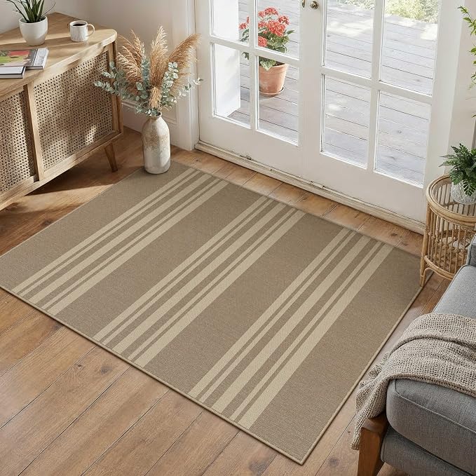 PureCozy Striped Easy Jute Rug 2x3 Khaki Entryway Carpet Washable Non Slip Door Mat Farmhouse Neutral Non Shedding Entry Small Indoor Outdoor Rug for Kitchen Bedroom Mudroom Bathroom