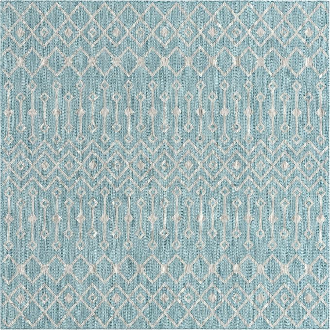 Unique Loom Outdoor Trellis Collection Area Rug - Tribal Trellis (7' 10" Square, Aqua/ Ivory)