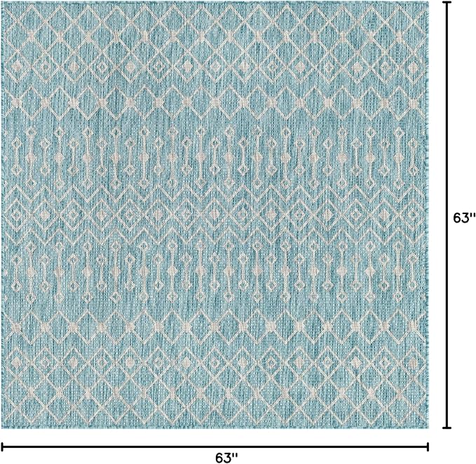 Unique Loom Outdoor Trellis Collection Area Rug - Tribal Trellis (5' 3" Square, Aqua/ Ivory)
