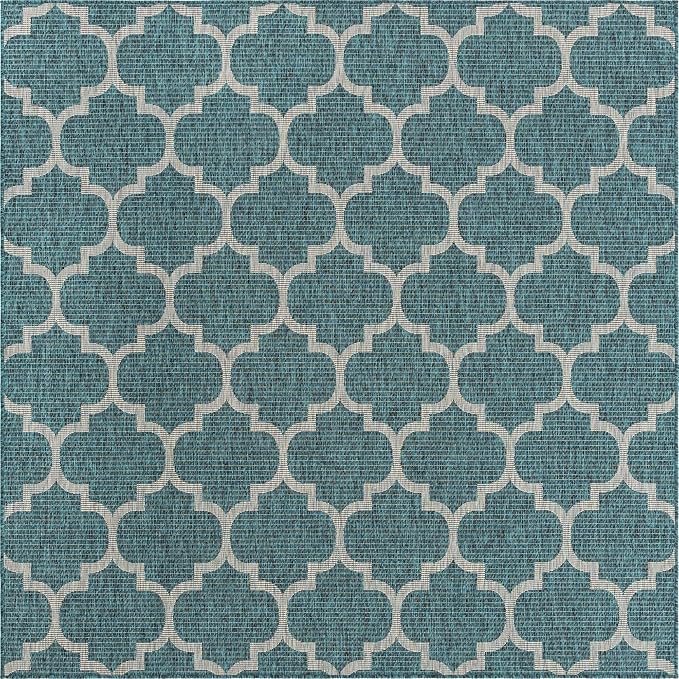 Unique Loom Outdoor Trellis Collection Area Rug (7' 10" Square, Teal/ Gray)