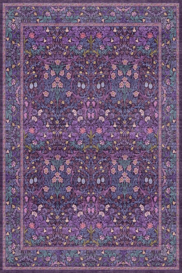 Washable Violet 5x7 Area Rug for Living Room, Vintage Dark Purple Dining Room Rugs for Under Table, Boho Foldable Low Pile Soft Carpet, Stain Resistant & Traditional Plum Floral Design
