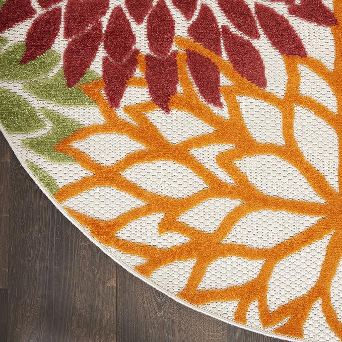 Nourison Home Aloha Indoor/Outdoor Red Multi Colored 4' x Round Area Rug, Tropical, Botanical, Easy Cleaning, Non Shedding, Bed Room, Living Room, Dining Room, Deck, Backyard, Patio (4 Round)