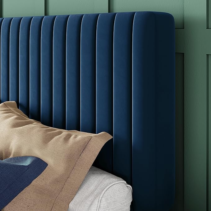Allewie Queen Bed Frame, Velvet Upholstered Platform Bed with Adjustable Vertical Channel Tufted Headboard, Mattress Foundation with Strong Wooden Slats, Box Spring Optional, Easy Assembly, Navy Blue