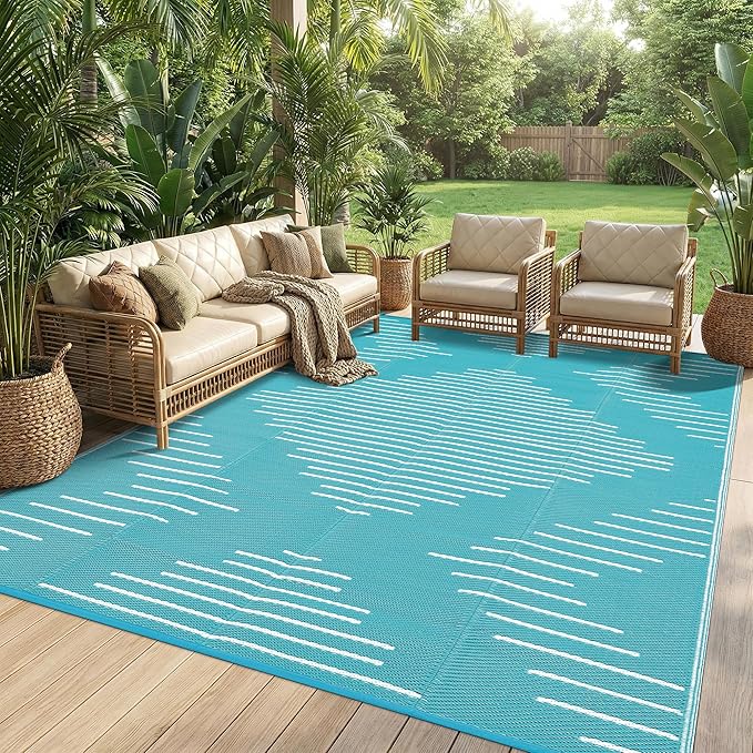 Garvee 6x9 Area Rugs Plastic Reversible Patio Rugs Outdoor Waterproof Easy-Cleaning Large Floor Mat for Outdoors Backyard Porch RV Beach Picnic Light Blue White