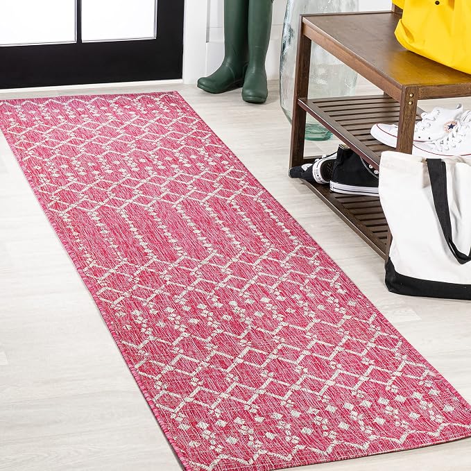 JONATHAN Y Moroccan Geometric Indoor Outdoor Runner Rug 2X8 Fuchsia/Light Gray, Ourika Textured Weave for Backyard, Patio, Porch, Easy-Cleaning, Pet-Friendly, Non-Shedding (SMB108Q-28)