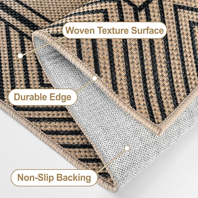 Capslpad Faux Jute 3x5 Area Rug, Geometry Line Patio Rug, Washable Front Porch Rug, Farmhouse Non-Slip Entryway Rugs for Indoor Outdoor, Black