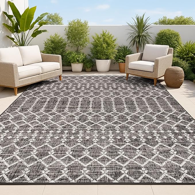 JONATHAN Y Moroccan Geometric Indoor Outdoor Area Rug 9X12 Black/Gray, Ourika Textured Weave for Backyard, Patio, Porch, Easy-Cleaning, High Traffic, Pet-Friendly, Non-Shedding (SMB108F-9)