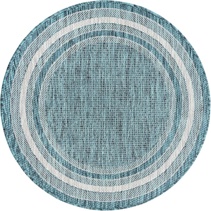 Unique Loom Outdoor Border Collection Area Rug - Soft Border (3' 1" Round, Teal/ Ivory)
