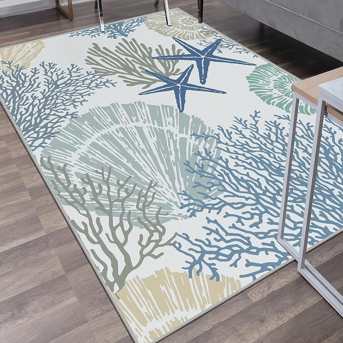 Tritard Coastal Area Rugs Nautical Beach Themed Non-Slip Machine Washable Rugs Modern Floor Carpet for Living Room Bedroom, 5x7, Blue