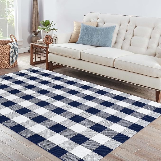 IOHOUZE Buffalo Plaid Checkered Rug 4x6 Ft Front Door Mats, Washable Area Rugs for Front Porch Decor, Spring Summer Welcome Mats Outdoor, Navy White Rug for Farmhouse/Entryway/Home Entrance