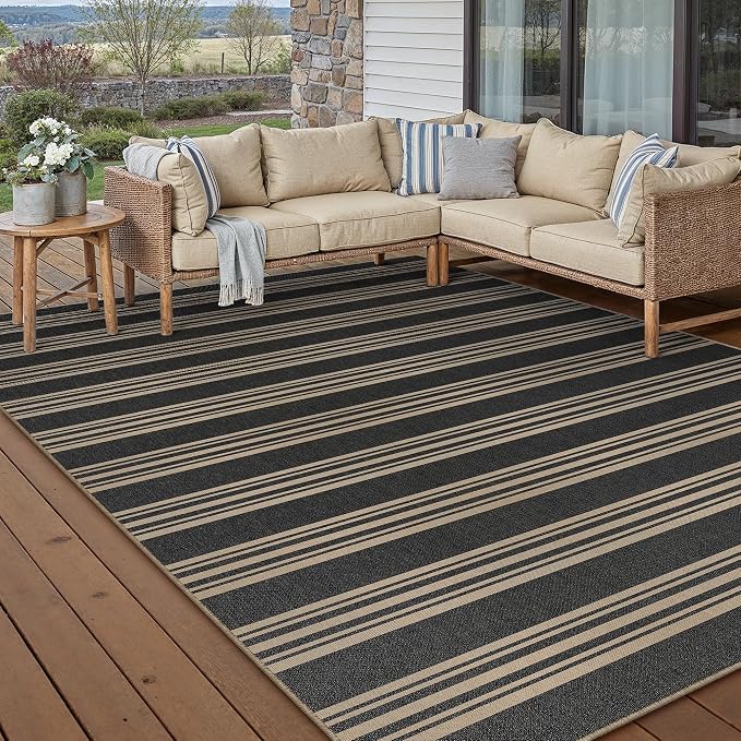 PureCozy Striped Easy Jute Rug 8x10 Black Living Room Carpet Washable Non Slip Bedroom Rug Farmhouse Neutral Non Shedding Indoor Outdoor Large Carpet for Dining Room Under Table Office